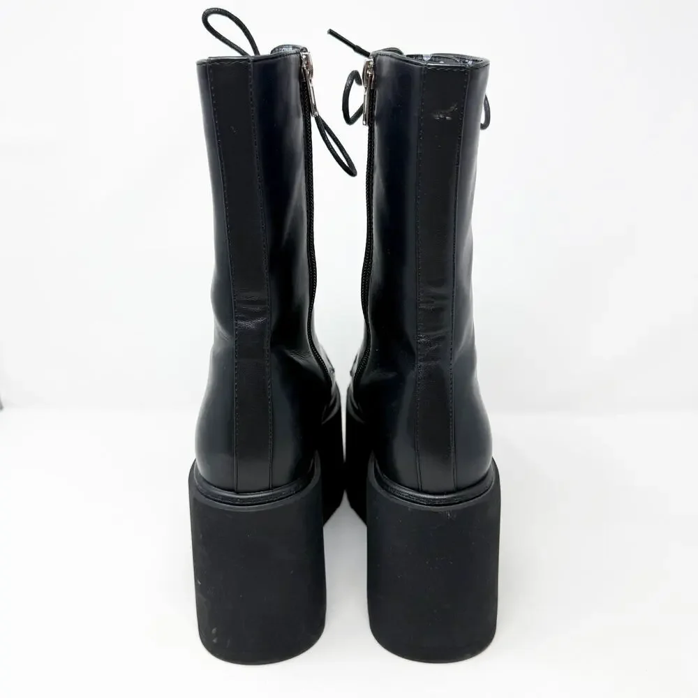 Lamoda Black Faux Leather Chunky Platform Goth Combat Boots 4UK Lace Up/Side Zip
